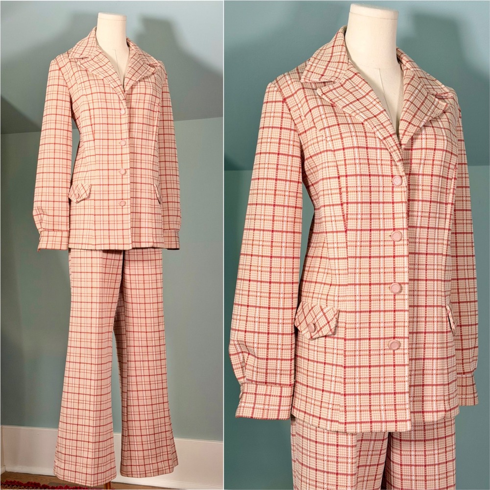 Vintage 1970s Plaid Suit Set Bellbottoms Pants Shirt Fall 70s Mod Retro Large